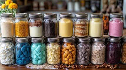 Colorful ingredients in glass jars on wooden table.
