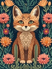 A curious fox with big, expressive eyes peeks through a field of colorful flowers.