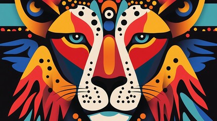Obraz premium Groovy Abstract Cartoon Lion Faces in Vibrant Colors, Featuring Unique Patterns and Bold Artistic Style for Eye-Catching Digital Projects and Designs