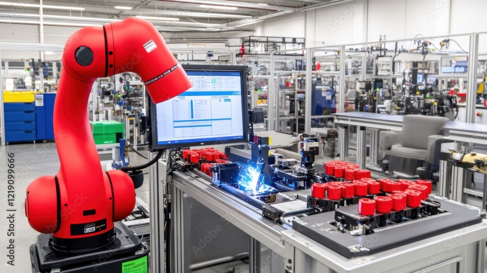 Poster a robotic welding system creating precise joints in a factory setting.