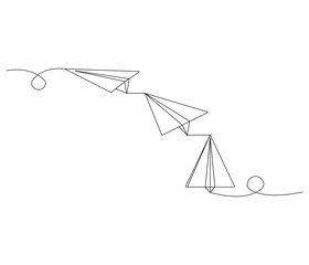 One continuous line drawing of paper plane. Paper airplane symbol of travel and dream. Concept vector art for business trip. Editable stroke. Doodle line illustration