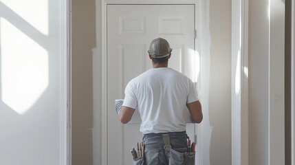Worker in protective gear painting a door with precision in a sealed work area