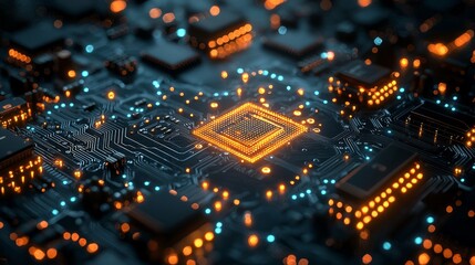 Obraz premium Illuminated CPU on Circuit Board, Technological Advancement