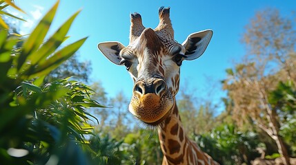 A giraffe feeding on leaves from a tall tree under clear blue skies