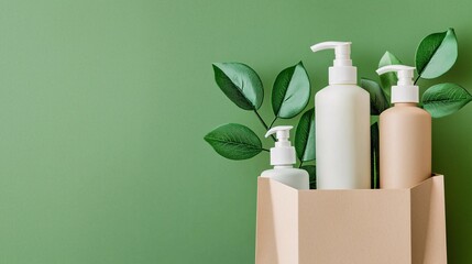 paper bag filled with eco-friendly toiletries and organic skincare products, showing the combination of sustainability and luxury in personal care. Paper bags, environmentally friendly products 