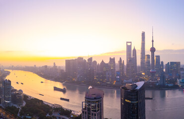 Aerial view of shanghai skyline at sunrise