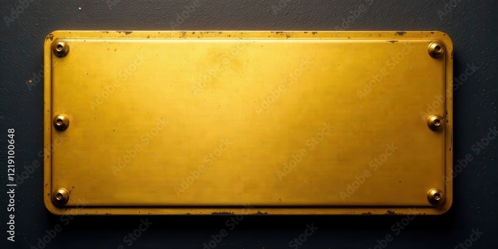 Poster a rectangular golden plaque with aged texture and brass fasteners on dark background