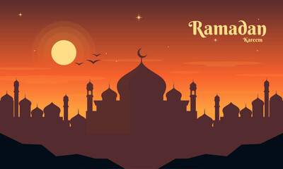 Ramadan Kareem Flat Landscape Background. Beautiful Ramadan Sunset Sky with Islamic Mosque Silhouette. Design Concept for Banner, Poster, Wallpaper, Social Media Post.