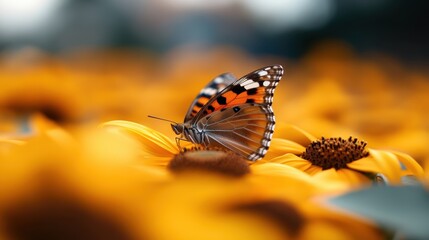 Obraz premium A stunning image of a colorful butterfly resting on a sunflower, emphasizing the relationship between nature and beauty, and the delicate details of both the insect and flower.