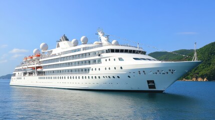 A sleek luxury cruise ship docked at a vibrant tropical port.