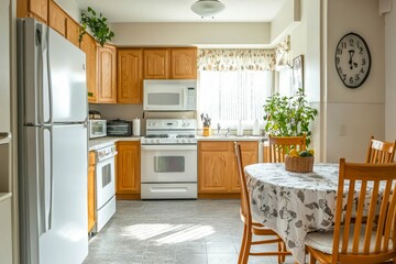 Fototapeta premium Cozy well designed modern kitchen interior with appliances and dining table.