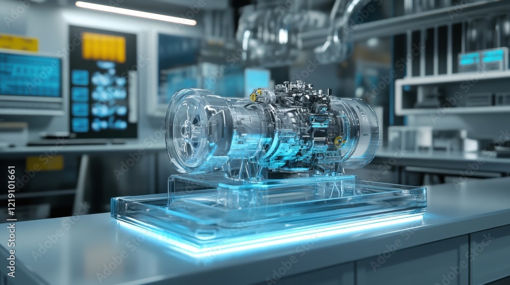 Aufkleber a transparent model of an engine displayed in a futuristic research lab.