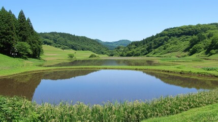 A tranquil rice paddy landscape reflecting the clear blue sky, bordered by lush greenery.