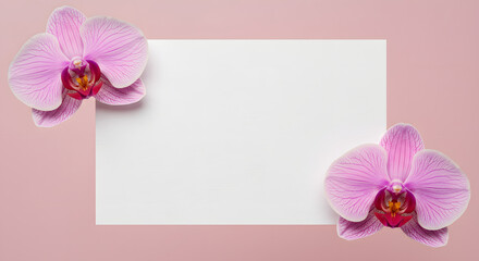 Empty white paper for text with orchids flower of two coner on pastel pink background