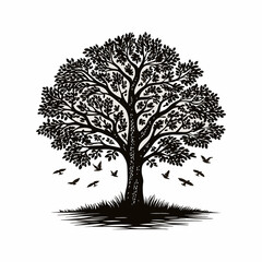 set of trees silhouettes bird with white background