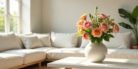 Sunlit Living Room with Peach Roses in a Vase on a Coffee Table