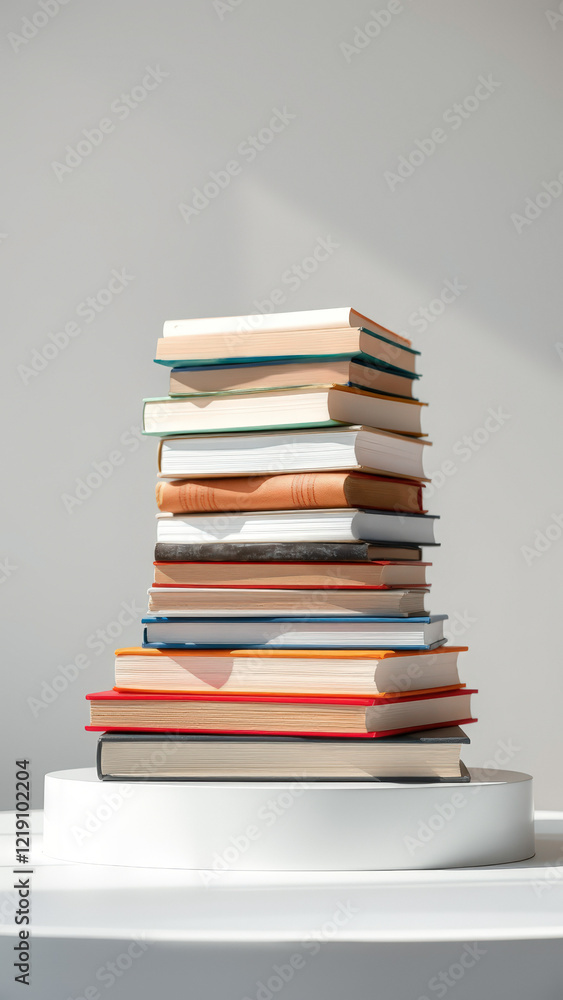 Poster neatly stacked collection of various books displayed on a white pedestal