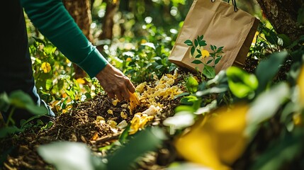 person composting food scraps in a backyard compost bin. Copy space in the upper right corner. Paper bags, environmentally friendly products 
