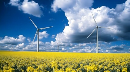 Stunning Yellow Rapeseed Field with Wind Turbines under Blue Sky