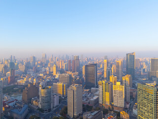 Aerial view of shanghai skyline at sunrise