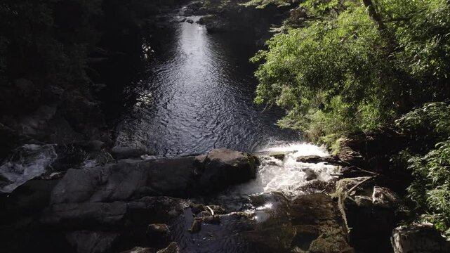 Im&aacute;genes a&eacute;reas tomadas con dron de Rio en cascadas de los Alpes, Comuna de Melipeuco  Region de la Araucan&iacute;a  