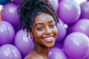 Fototapeta premium The image shows a person with curly hair smiling in front of a wall of purple balloons