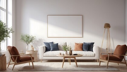  Living room wall poster mockup. Interior mockup with house background. Modern interior design. 3D render,Cozy Scandinavian Style Room with Two Empty Picture Frames,apartment, comfortable,13245