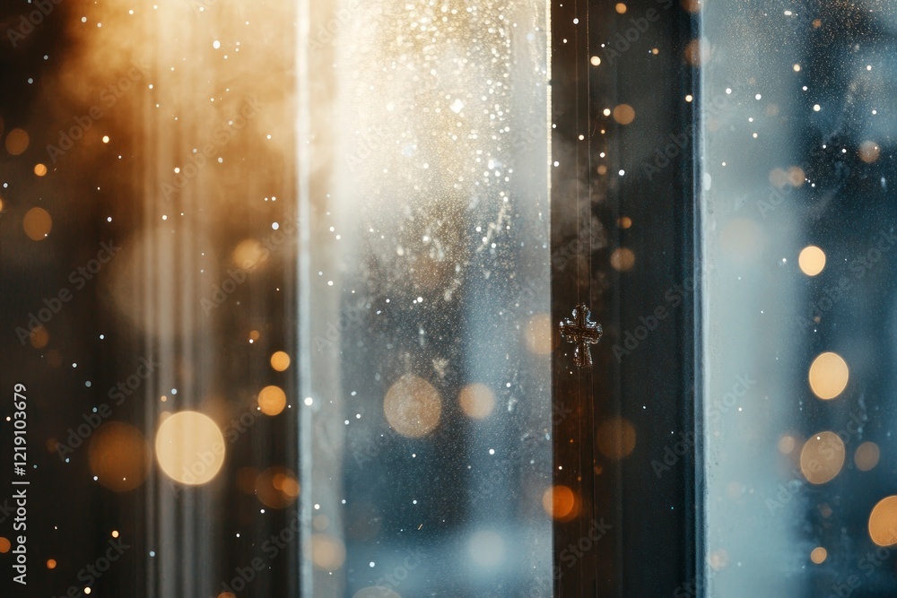 Poster blurred bokeh background with a cross symbol and holy light from a window in a church, close-up. con