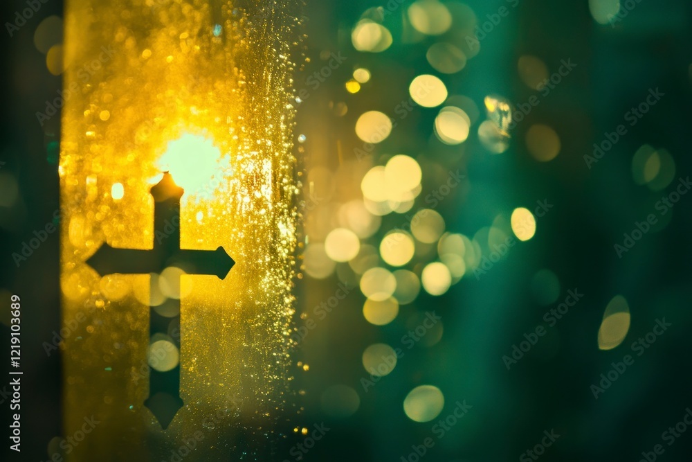 Poster blurred bokeh background with a cross symbol and holy light from a window in a church, close-up. con