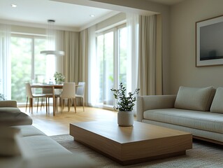Fototapeta premium A modern minimalist interior in a residential living room with a glimpse of a dining room. Generative AI 