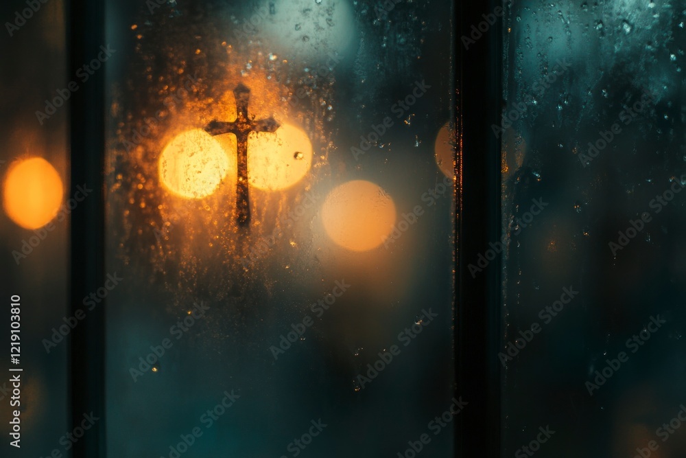 Poster blurred bokeh background with a cross symbol and holy light from a window in a church, close-up. con