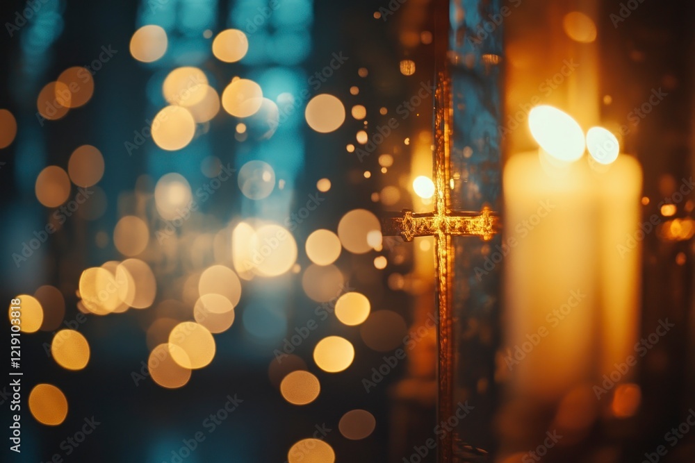 Poster blurred bokeh background with a cross symbol and holy light from a window in a church, close-up. con