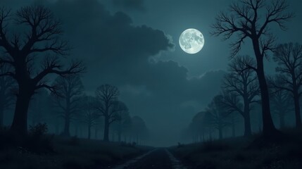 Serene Nighttime Path Through a Misty Woodland Underneath a Full Moon's Glow