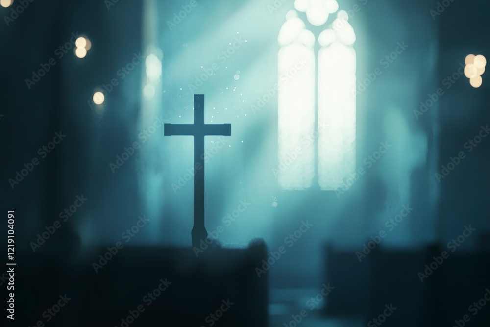 Poster blurred bokeh background with a cross symbol and holy light from a window in a church, close-up. con