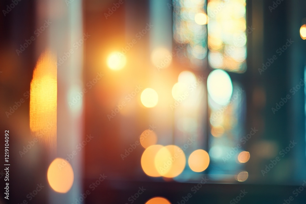 Poster blurred bokeh background with a cross symbol and holy light from a window in a church, close-up. con
