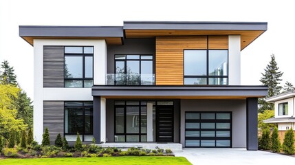 Fototapeta premium Modern house exterior, suburban setting, landscaping. Real estate listing image