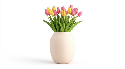 Obraz premium A Delicate Bouquet of Pink and Yellow Tulips in a Textured Cream Vase, Digitally Rendered