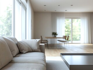 Fototapeta premium A modern minimalist interior in a residential living room with a glimpse of a dining room. Generative AI 