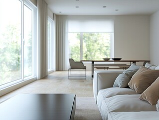 Fototapeta premium A modern minimalist interior in a residential living room with a glimpse of a dining room. Generative AI 