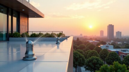 Fototapeta premium Modern rooftop irrigation system at sunset, providing refreshing water mist for outdoor living space