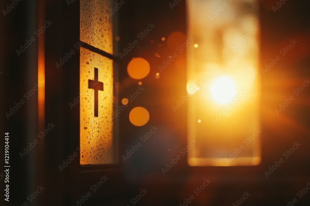 Poster blurred bokeh background with a cross symbol and holy light from a window in a church, close-up. con
