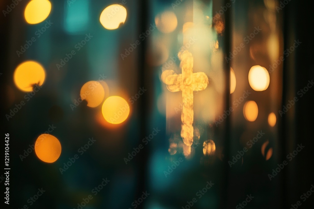 Poster blurred bokeh background with a cross symbol and holy light from a window in a church, close-up. con