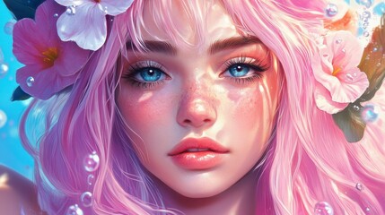 Naklejka premium Enchanting Portrait of a Young Woman with Pink Hair and Flowers