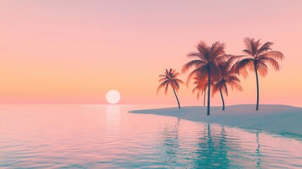 Fototapeta premium A tropical island escape featuring palm trees, soft white sand, and crystal-clear water extending to the horizon, with a sky showcasing a gradient of soft orange and pink, ideal for relaxation