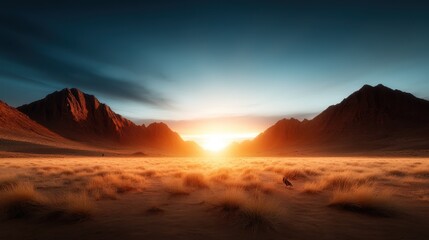 Naklejka premium A breathtaking sunset glows between rugged mountain silhouettes, creating a sense of mystery and wonder in a vast, open landscape bathed in warm, soft light.