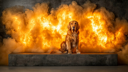 Dog in a smoky environment with a sad expression, creating a somber mood