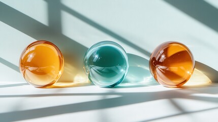 Three beautifully crafted glass spheres in orange, teal, and transparent shades, casting artistic shadows on a light blue background, creating a captivating visual composition.