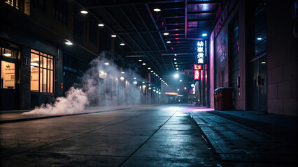 Dark empty street with neon lights and spotlights, abstract background, smoke rising from concrete floor and studio providing textured setting for product display.