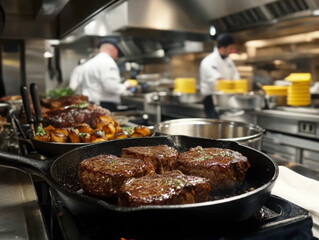 Fototapeta premium Sizzling Steaks in a Busy Kitchen