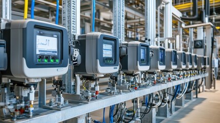Rows of electric meters displaying real-time energy usage in a modern building.